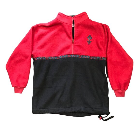 Vtg American Sportif Fleece Jacket Quarter Zip Large Red Black Aztec Drawstring - Picture 1 of 13